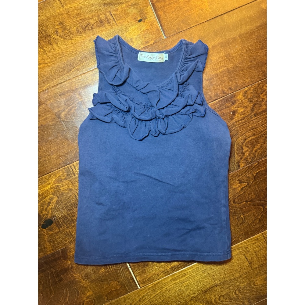 Theโ Raglan Pony Girls Navy Blue Ruffle Neck Racerback Tank Top Size 8